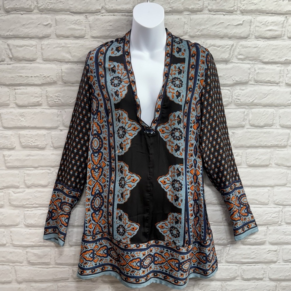 Free People Meadow Mod Mini Dress Sz SP Bohemian Silky Summer Southwest Print